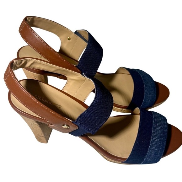 Liz Claiborne Jean Stiletto Sandals Cork Heel Platform Navy Brown Size 10 Medium - Picture 6 of 10